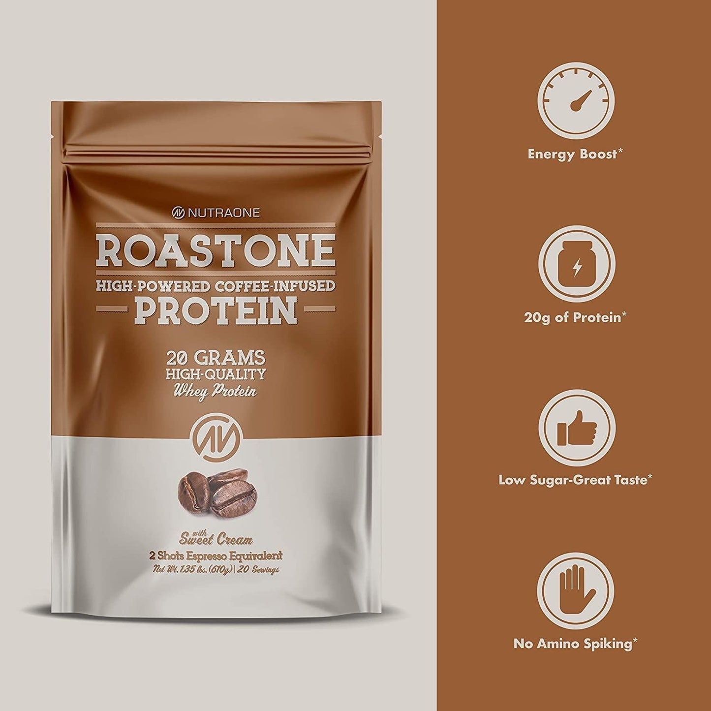 RoastOne Coffee Protein Powder by NutraOne Low Sugar, Coffee Infused Whey Protein Powder for Energy and Focus, 150mg Caffeine and 20g Protein (Sweet Cream 1.35 lbs.)