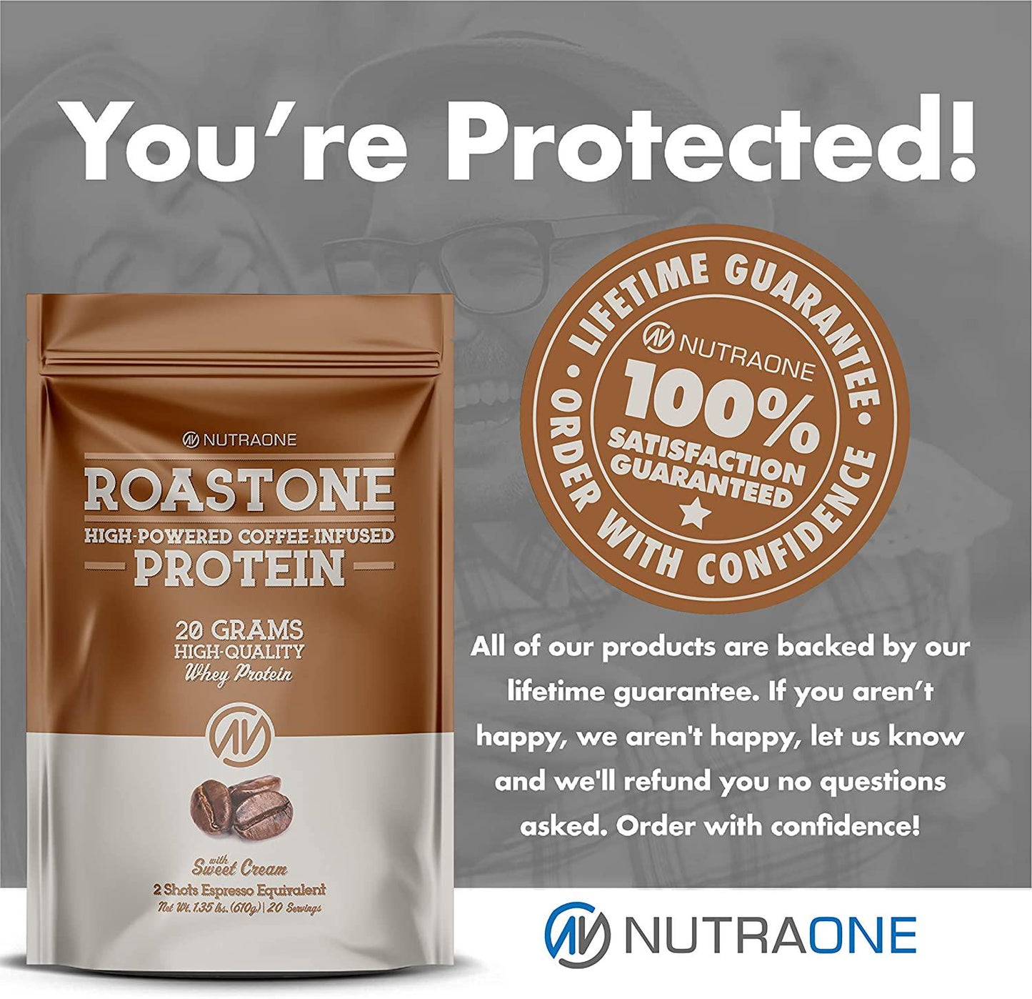 RoastOne Coffee Protein Powder by NutraOne Low Sugar, Coffee Infused Whey Protein Powder for Energy and Focus, 150mg Caffeine and 20g Protein (Sweet Cream 1.35 lbs.)