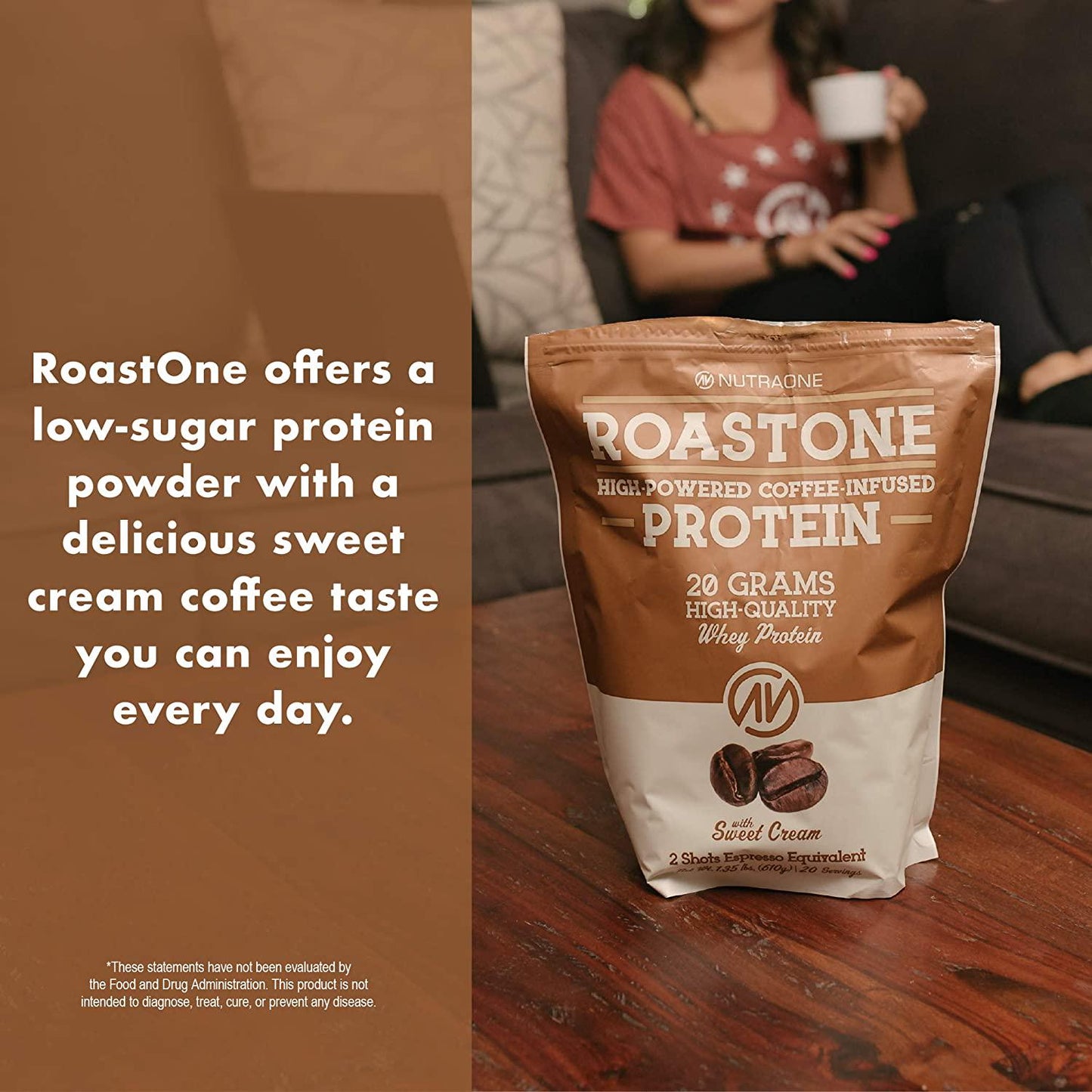 RoastOne Coffee Protein Powder by NutraOne Low Sugar, Coffee Infused Whey Protein Powder for Energy and Focus, 150mg Caffeine and 20g Protein (Sweet Cream 1.35 lbs.)