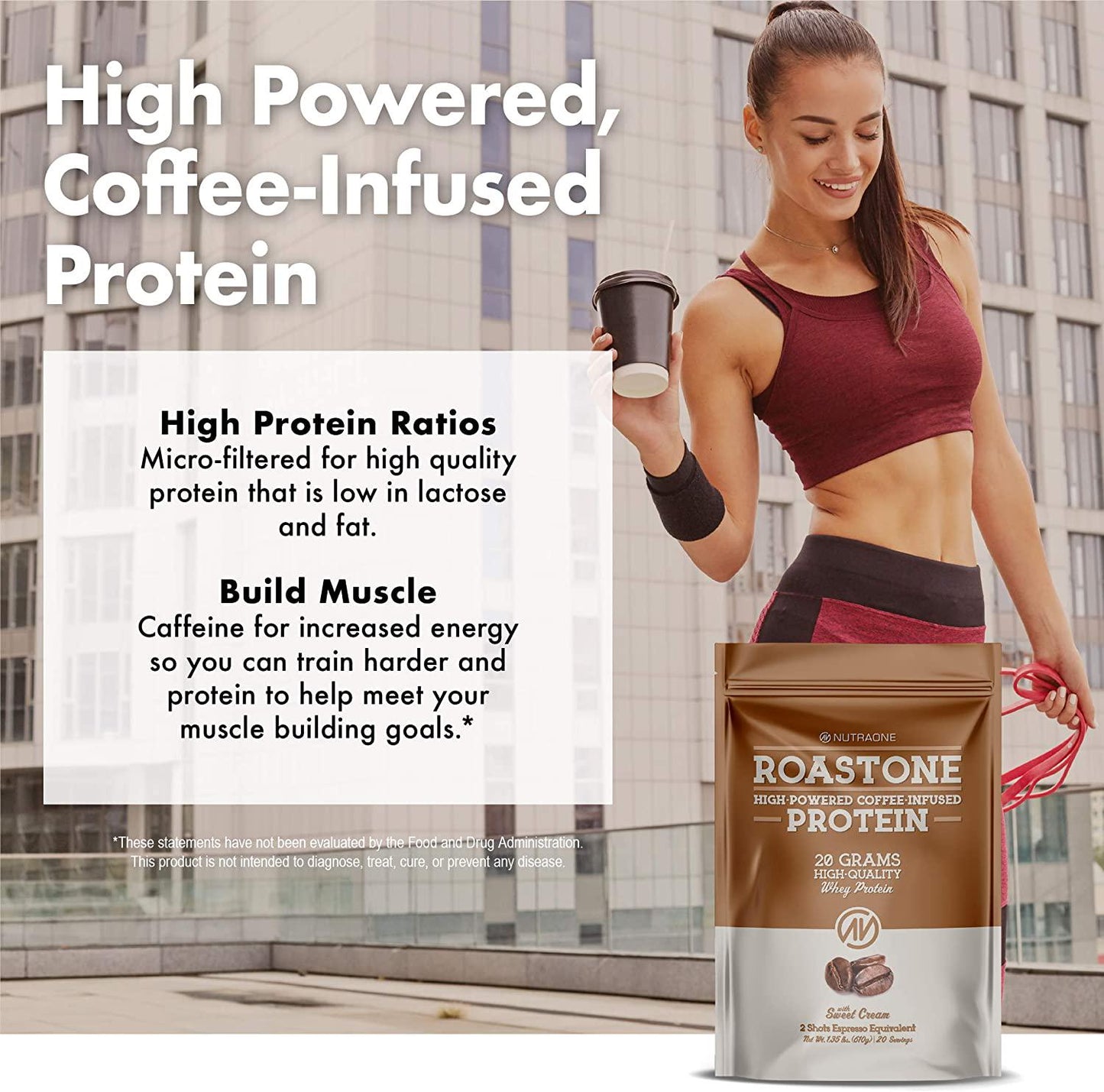 RoastOne Coffee Protein Powder by NutraOne Low Sugar, Coffee Infused Whey Protein Powder for Energy and Focus, 150mg Caffeine and 20g Protein (Sweet Cream 1.35 lbs.)