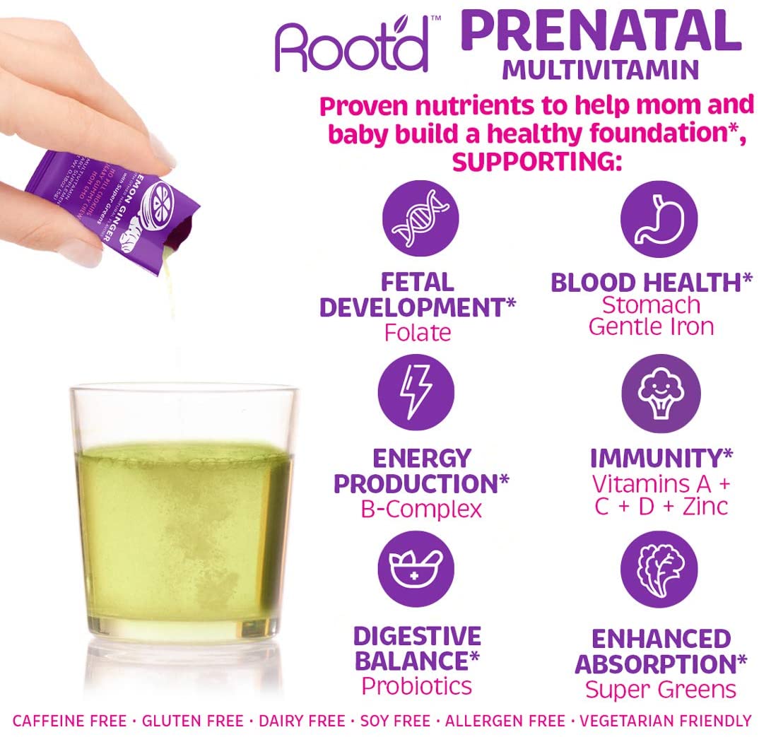 Rootd - Powder Prenatal Vitamin - Pregnancy Multivitamin with 25 Vitamins and Minerals A, C, D, E, B12, B6, K, Iron, Folate, Probiotics, Organic Super Greens | Lemon Ginger | 24 Effervescent Stick Packs