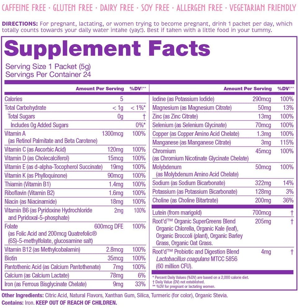 Rootd - Powder Prenatal Vitamin - Pregnancy Multivitamin with 25 Vitamins and Minerals A, C, D, E, B12, B6, K, Iron, Folate, Probiotics, Organic Super Greens | Lemon Ginger | 24 Effervescent Stick Packs