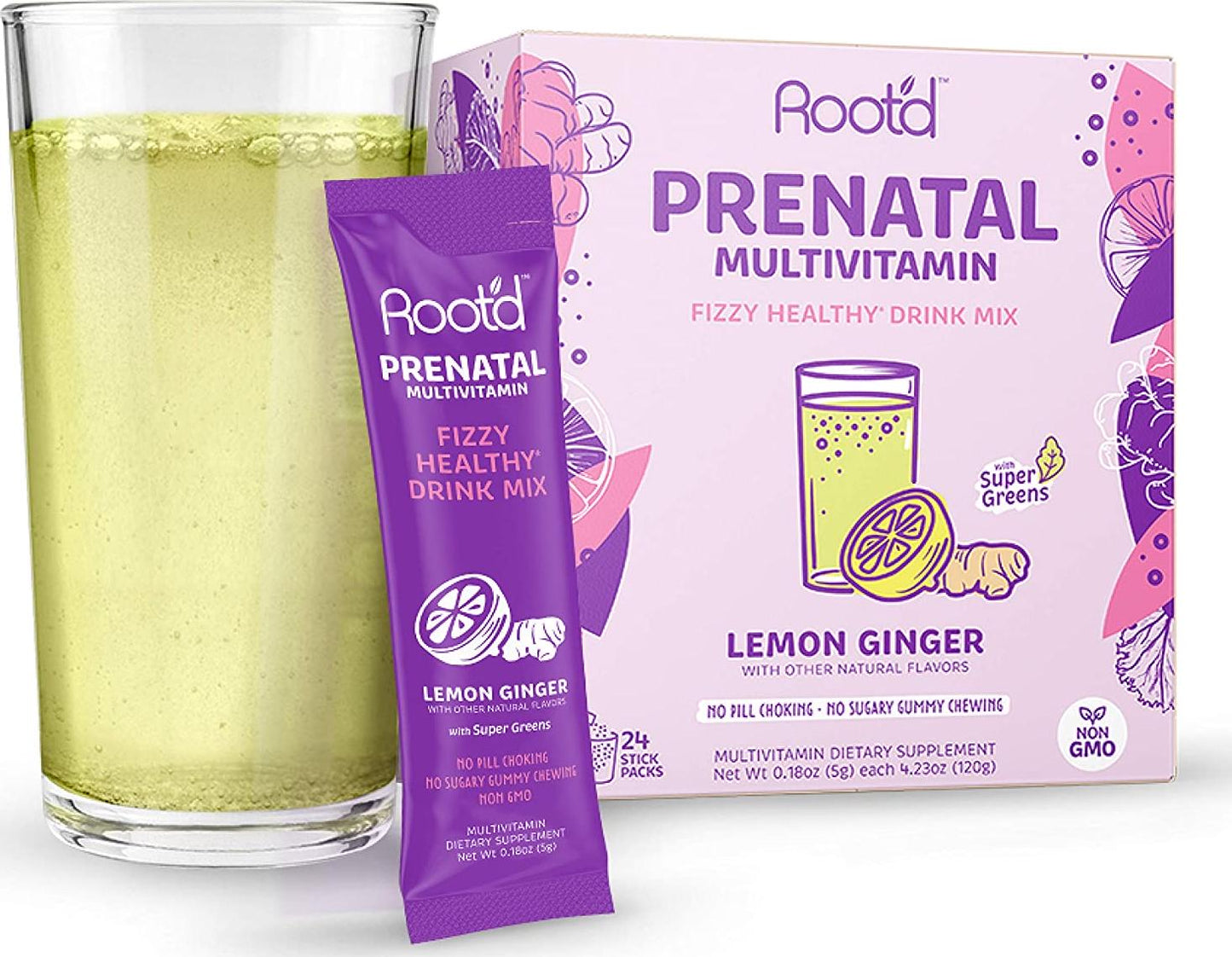 Rootd - Powder Prenatal Vitamin - Pregnancy Multivitamin with 25 Vitamins and Minerals A, C, D, E, B12, B6, K, Iron, Folate, Probiotics, Organic Super Greens | Lemon Ginger | 24 Effervescent Stick Packs