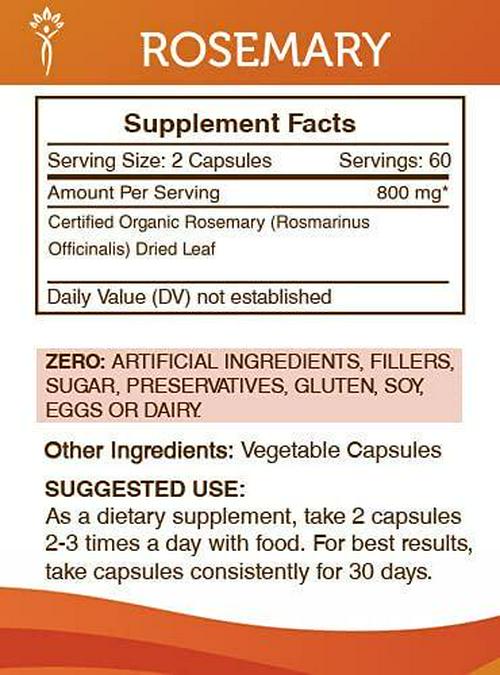 Rosemary 120 Capsules, 800 mg, Organic Rosemary (Rosmarinus Officinalis) Dried Leaf (120 Capsules)