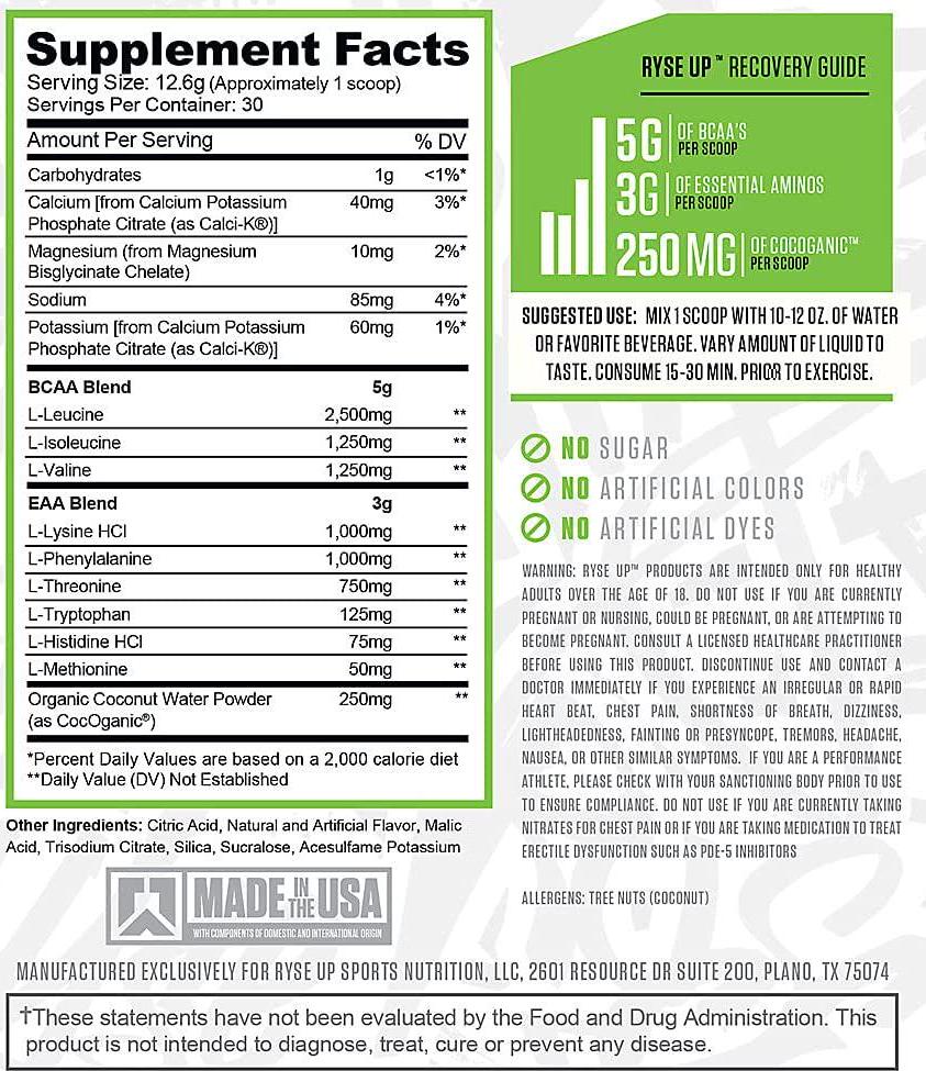 Ryse BCAA + EAA | Ryse Up Supplements | Fuel Your Greatness | Hydration, Recovery, Branch Chain and Essential Amino Acids, 30 Servings (Tropical Snocone)