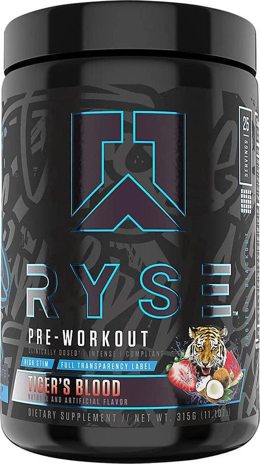 Ryse PRE Workout | Ryse Up Supplements | Fuel Your Greatness | Energy, Endurance, Focus, Next Level Pump, Citruline, Taurine, Arginine, CarnoSynÂ Beta Alanine, 20 Servings (Tiger's Blood)
