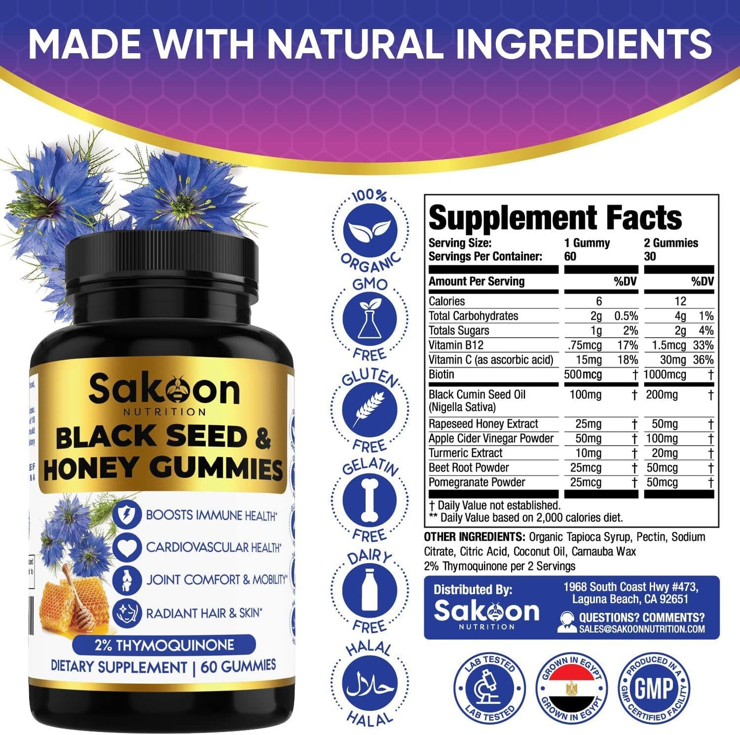 SAKOON Black Seed Oil + Honey Gummies | Nigella Sativa | Super antioxidant for Immune Support, Joints, Digestion, Hair and Skin | 60 Gummies
