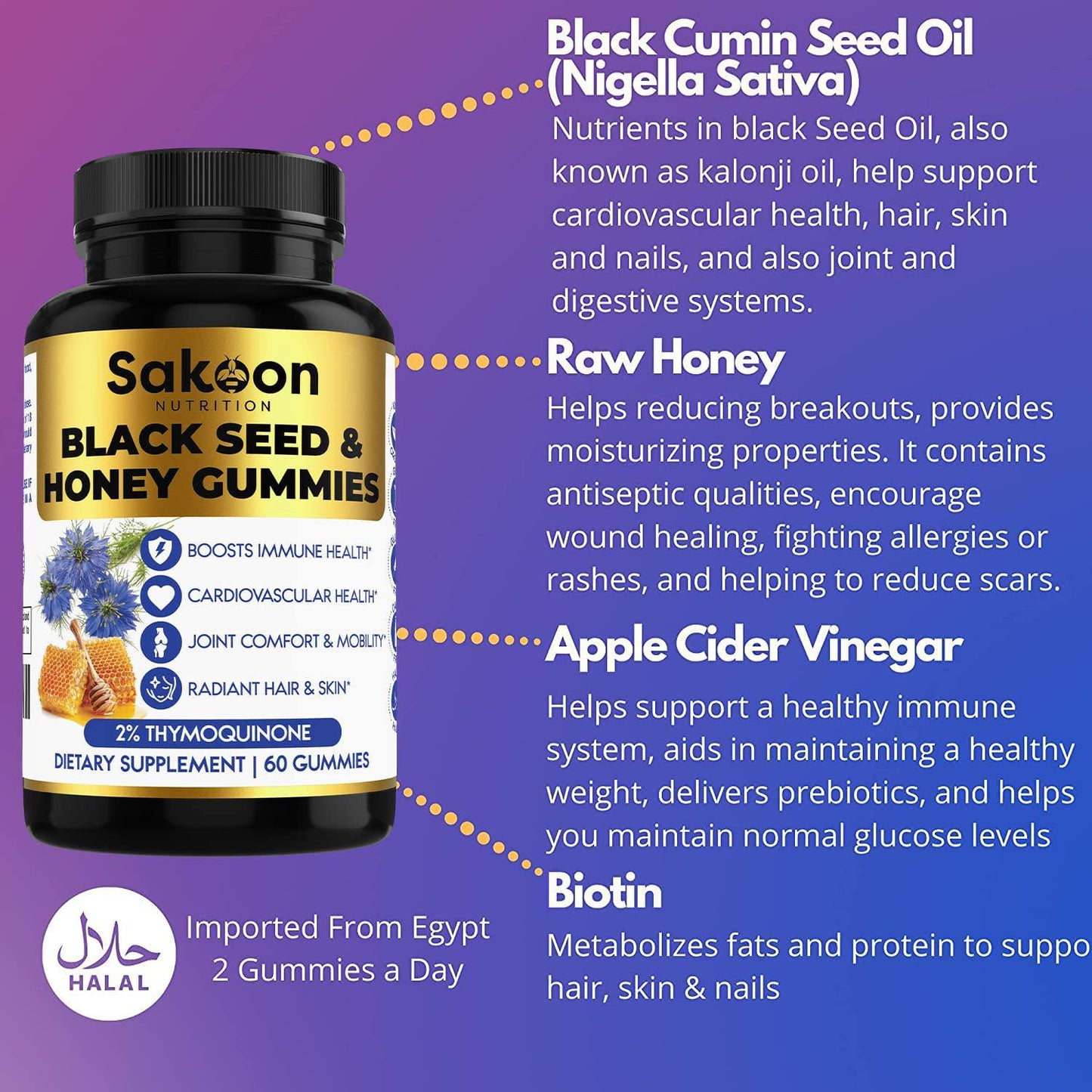 SAKOON Black Seed Oil + Honey Gummies | Nigella Sativa | Super antioxidant for Immune Support, Joints, Digestion, Hair and Skin | 60 Gummies