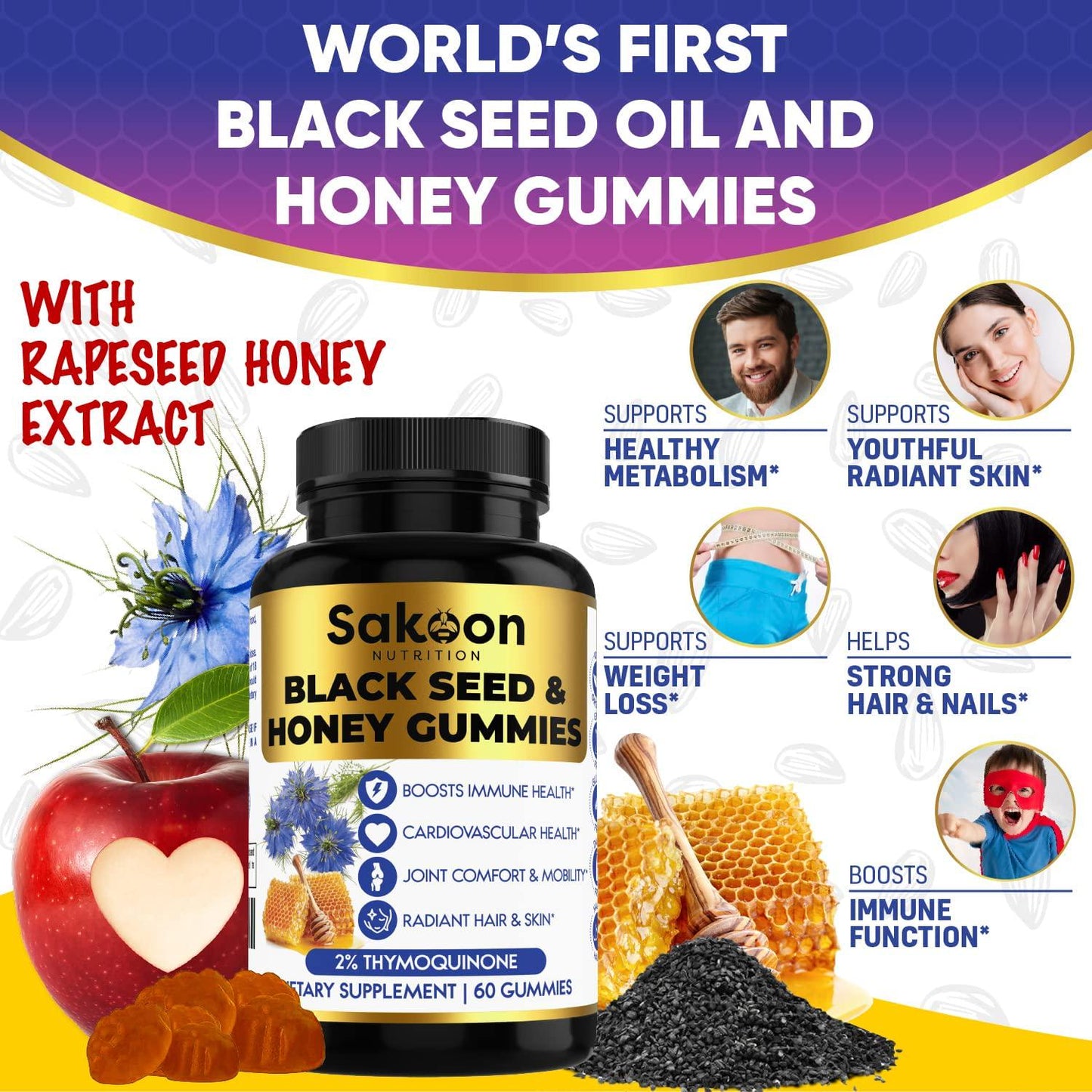 SAKOON Black Seed Oil + Honey Gummies | Nigella Sativa | Super antioxidant for Immune Support, Joints, Digestion, Hair and Skin | 60 Gummies
