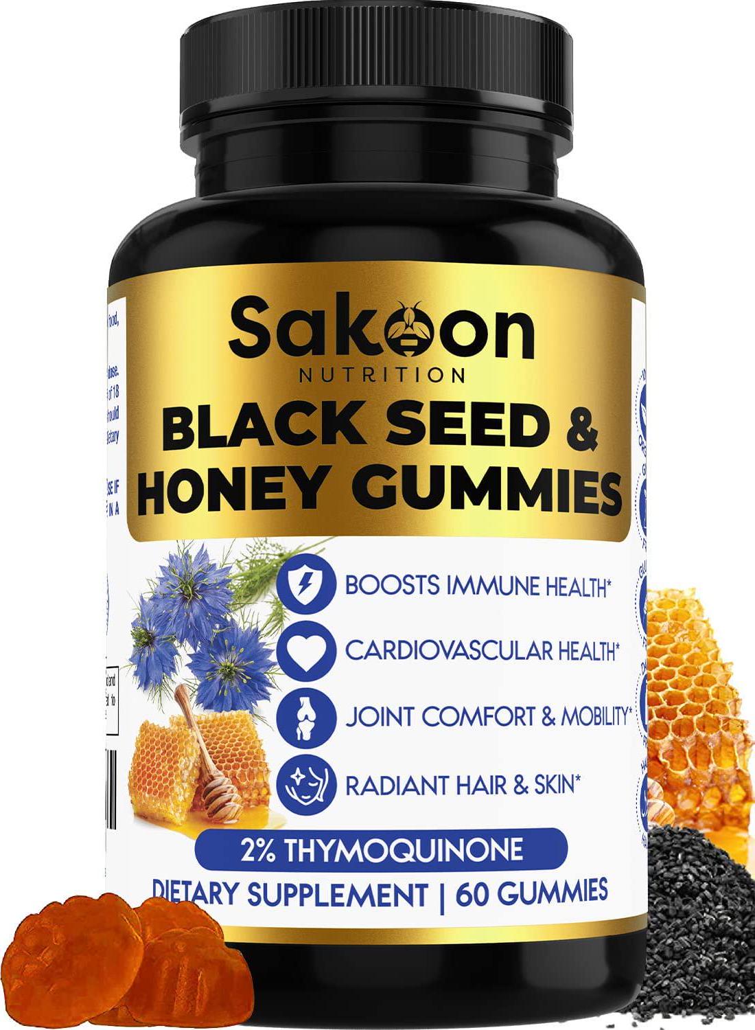 SAKOON Black Seed Oil + Honey Gummies | Nigella Sativa | Super antioxidant for Immune Support, Joints, Digestion, Hair and Skin | 60 Gummies