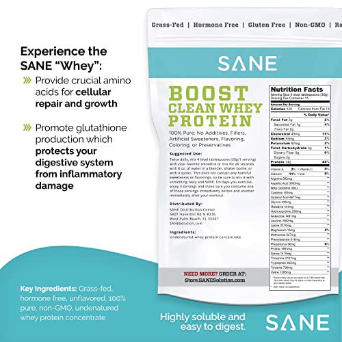 SANE Clean Whey Protein Powder Grass Fed Whey Protein Isolate Plain Unflavored 100% Pure Hormone-Free Non-GMO