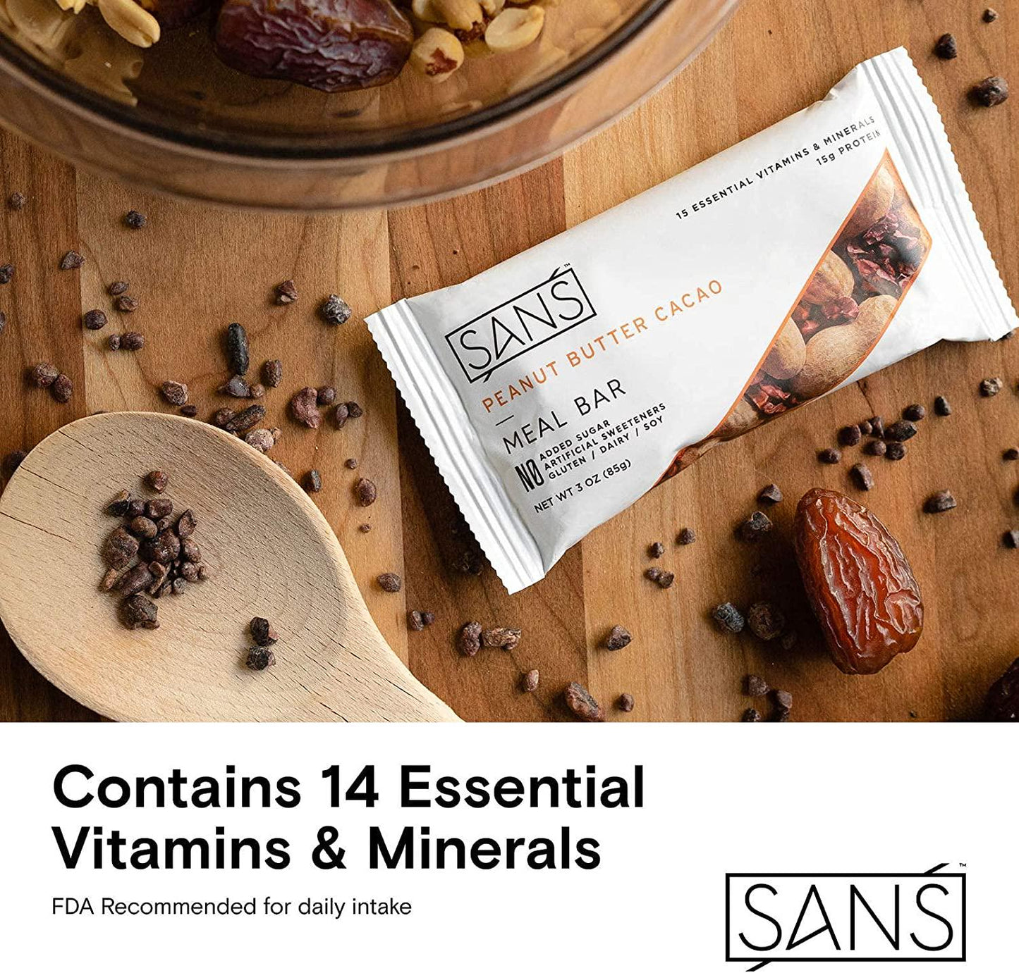 SANS Variety Meal Replacement Protein Bar | All-Natural Nutrition Bar With No Added Sugar | Dairy-Free, Soy-Free, and Gluten-Free | 16 Essential Vitamins and Minerals | (6 Pack)