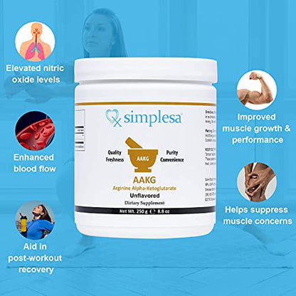 SIMPLESA NUTRITION AAKG Powder, 1:1 Ratio of Arginine - Alpha-Ketoglutarate, Made in USA, 2,000 mg per Serving, Non-GMO, 250 Grams.