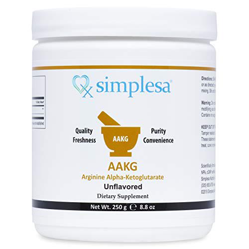 SIMPLESA NUTRITION AAKG Powder, 1:1 Ratio of Arginine - Alpha-Ketoglutarate, Made in USA, 2,000 mg per Serving, Non-GMO, 250 Grams.