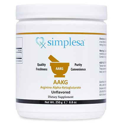 SIMPLESA NUTRITION AAKG Powder, 1:1 Ratio of Arginine - Alpha-Ketoglutarate, Made in USA, 2,000 mg per Serving, Non-GMO, 250 Grams.