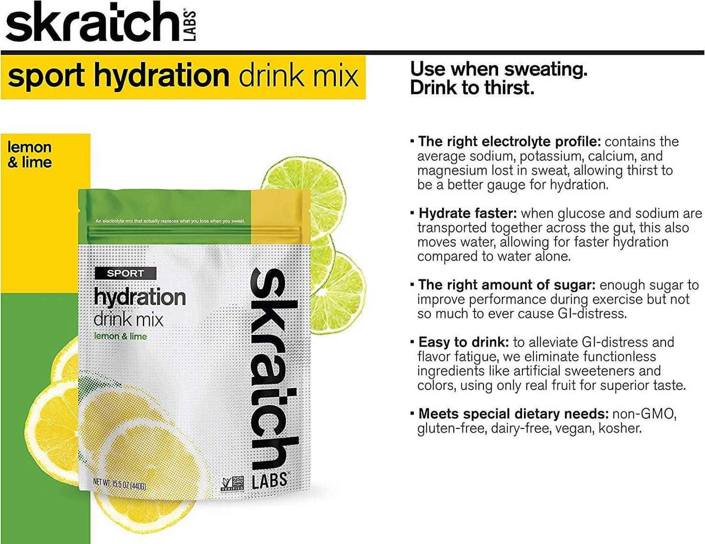 SKRATCH LABS Sport Hydration Drink Mix, Lemon Lime (15.5 oz, 20 Servings) - Electrolyte Powder Developed for Athletes and Sports Performance, Gluten Free, Vegan, Kosher