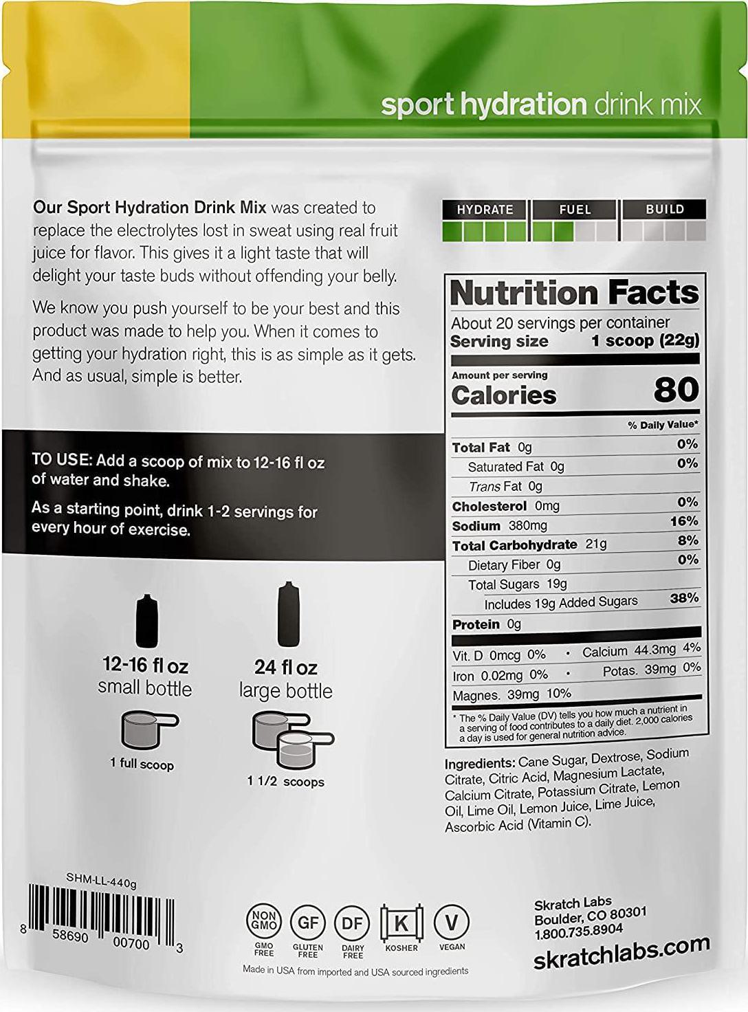 SKRATCH LABS Sport Hydration Drink Mix, Lemon Lime (15.5 oz, 20 Servings) - Electrolyte Powder Developed for Athletes and Sports Performance, Gluten Free, Vegan, Kosher