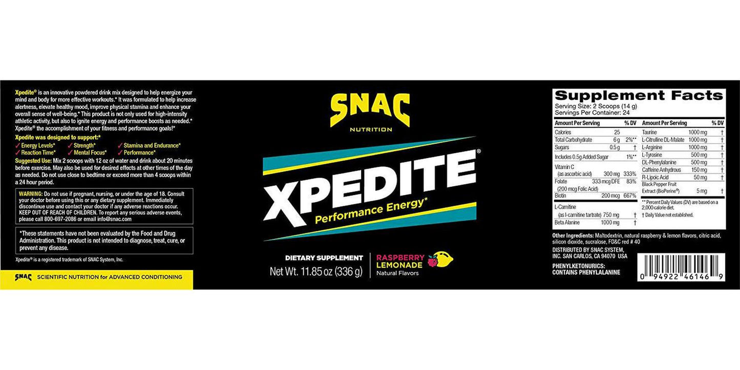 SNAC XPEDITE Preworkout Performance Energy Drink Supplement, Raspberry Lemonade Pre Workout Powder, 336 Grams (24 Servings)