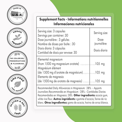 SUPERSMART - Magnesium Orotate 500 mg - Premium Quality - 90 Vegetarian Capsules