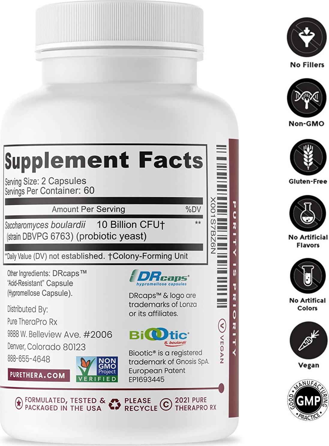 Saccharomyces Boulardii (10 Billion CFU Per Serving) - 120 “Acid Resistant” VCaps | Patented and Clinically Studied Strain | Antibiotic Resistant -Lactose Free | Pharmaceutical Grade | Zero Fillers