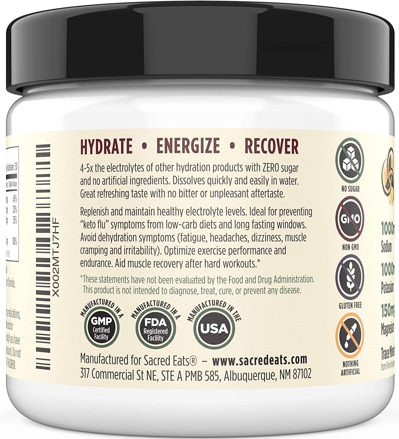 Sacred Eats Keto Electrolyte Powder and Hydration Supplement | 1000mg Potassium and Sodium, 150mg Magnesium | No Sugar and Stevia, Sweetened with Monk Fruit Only | Natural Raspberry Lemon (30 Servings)