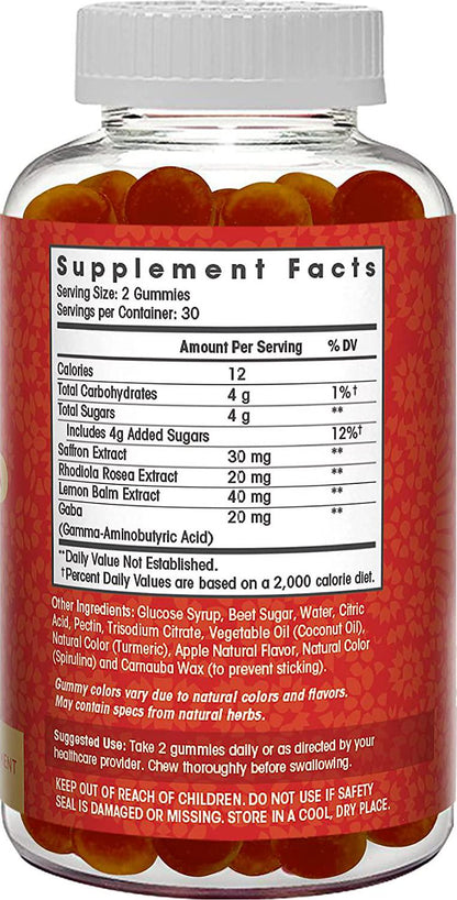 Saffron Extract Gummies- Saffron Supplement Enhanced with Rhodiola Rosea Extract, Lemon Balm and GABA- Nootropic, Improve Mood, Control Appetite, Help PMS, Antioxidant- 60 Apple Flavored Gummies