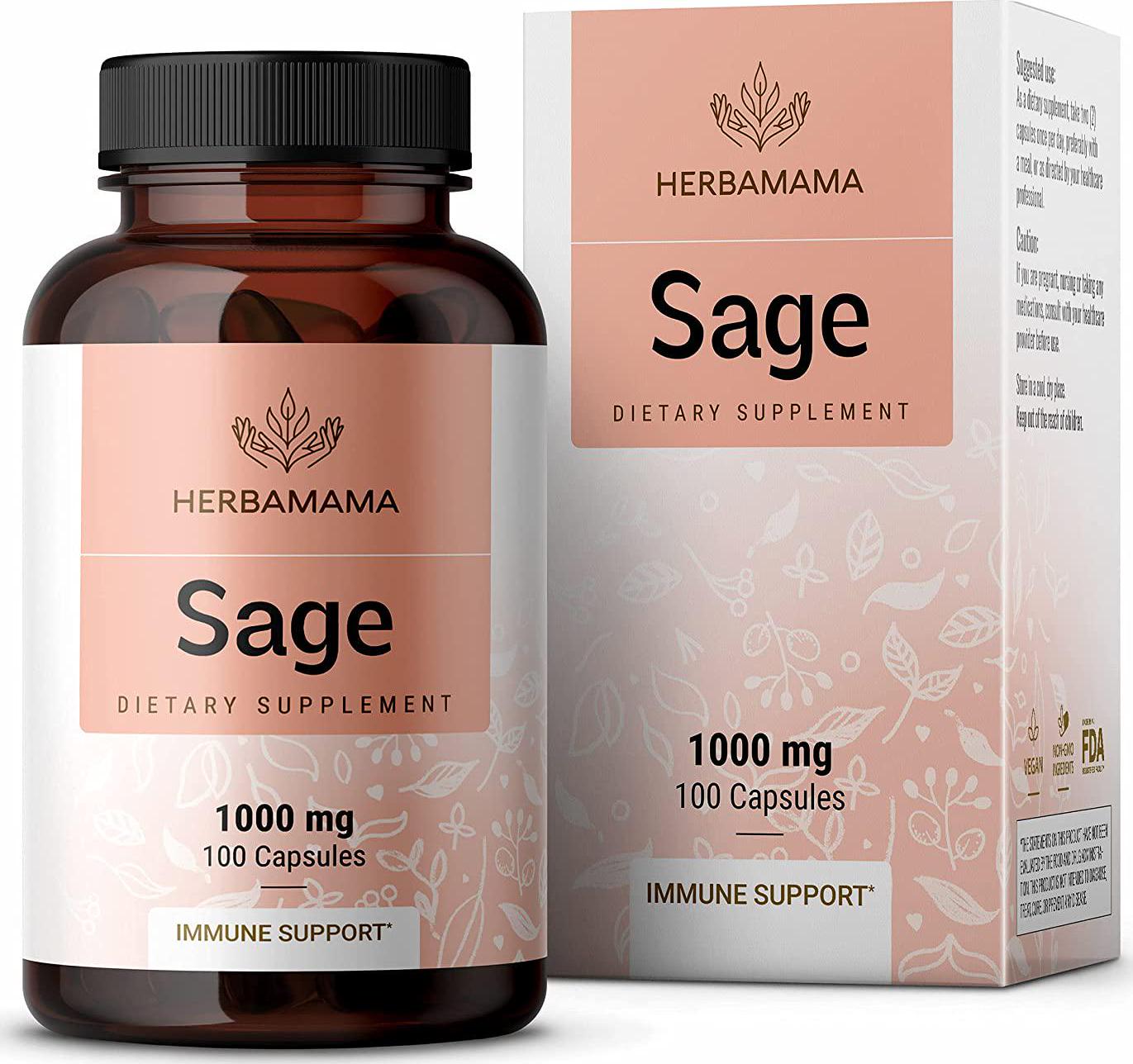 Sage 100 Capsules 500 mg | Filled with Organic Sage Leaf | Gut Health and Digestive Function | Brain Function | Non-GMO