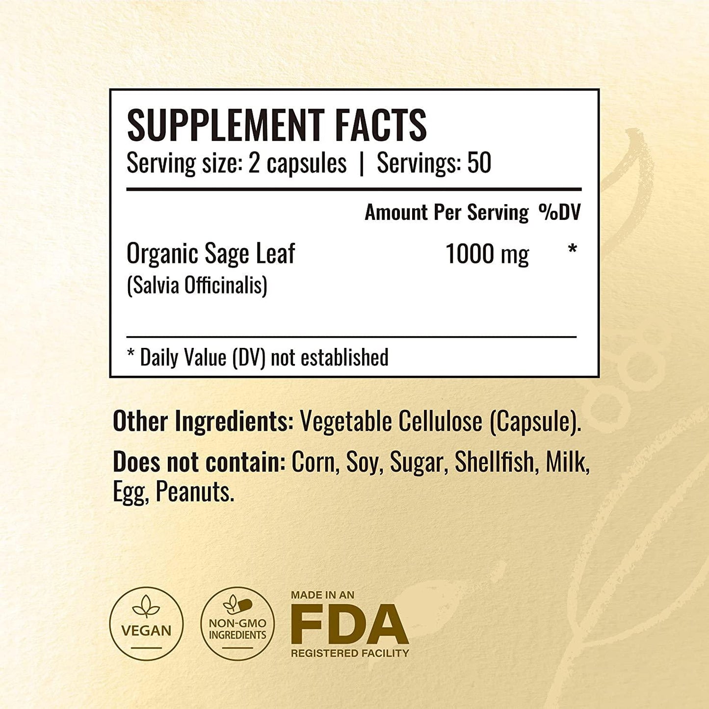 Sage 100 Capsules 500 mg | Filled with Organic Sage Leaf | Gut Health and Digestive Function | Brain Function | Non-GMO