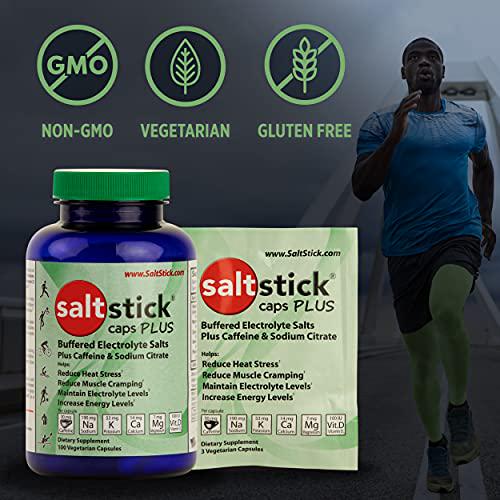 SaltStick Caps Plus, Electrolyte Replacement Capsules with Caffeine and Sodium Citrate for Rehydration, Youth and Adult Athletes, Hiking, Camping, and Sports Recovery, Box of 24 Packets, 3 Caps Each