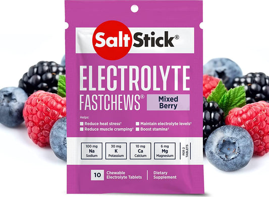 SaltStick FastChews, Electrolyte Replacement Tablets for Rehydration, Exercise, Hiking and Sports Recovery, 12 Packets of 10 FastChews Tablets, Mixed Berry