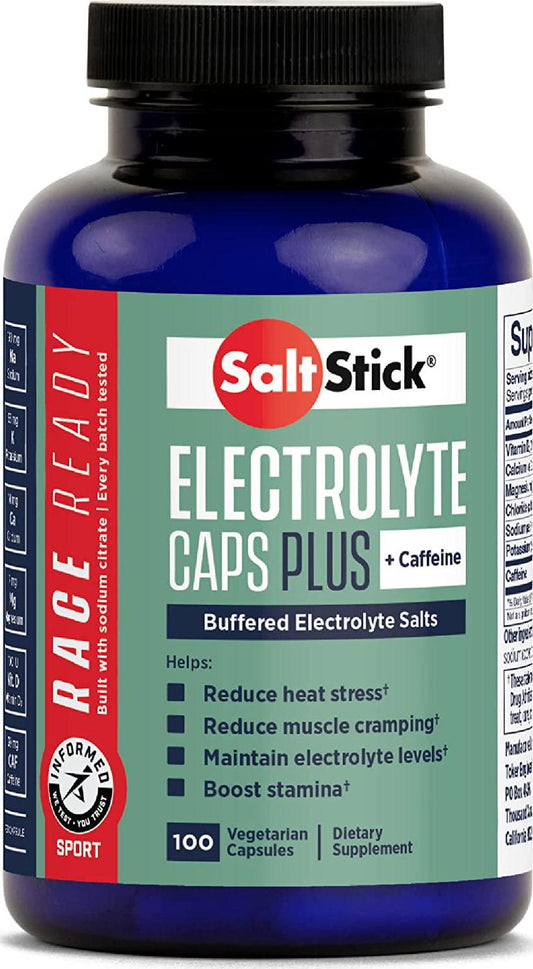 SaltStick Race Ready Caps Plus, Informed Sport Certified Electrolyte Replacement Capsules with Caffeine and Sodium Citrate to Reduce Heat Stress, Muscle Cramping and Maintain Electrolyte Levels, 100-CT