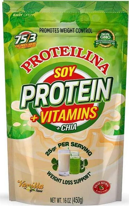 Salud Natural - Proteilina Soy Isolate Protein Powder with Vitamins, Minerals, Chia and Psyllium Husk Vegan, Non-GMO - Vanilla Natural Flavor, 34 Servings (1 lb./16 oz.)
