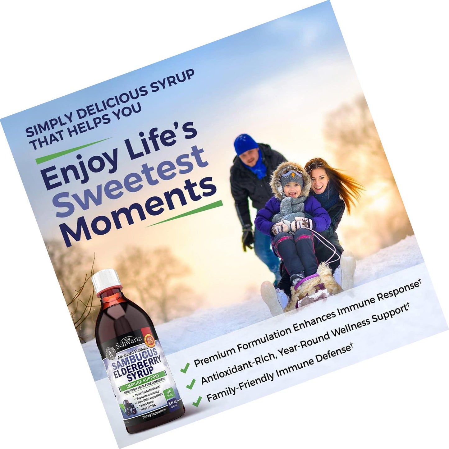 Sambucus Black Elderberry Syrup - Powerful Antioxidant for Daily Immune Support - 100% Pure Advanced Formula - Non-GMO and Vegan - Great Tasting - for Kids and Adults - 8 Ounce Bottle