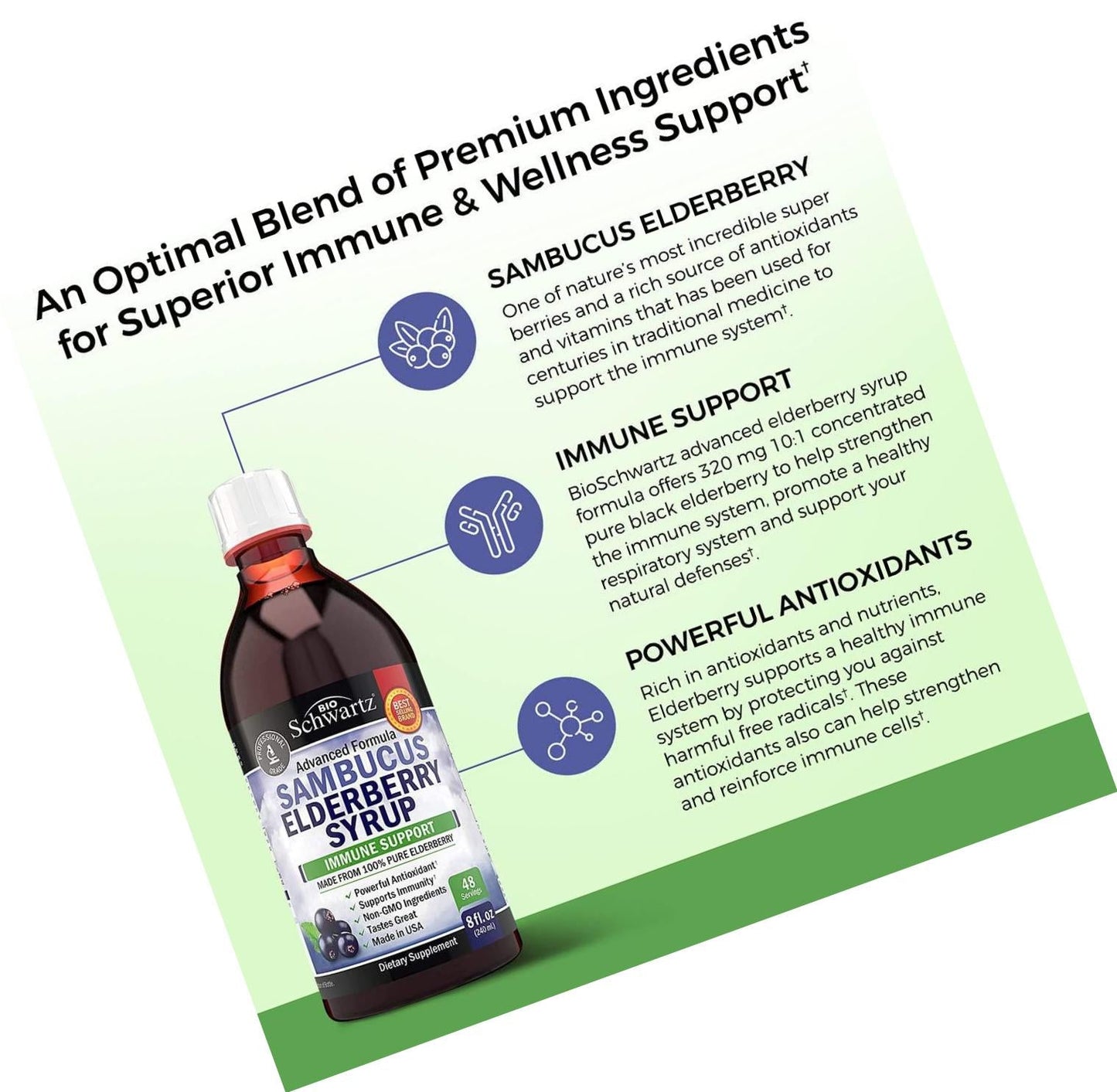 Sambucus Black Elderberry Syrup - Powerful Antioxidant for Daily Immune Support - 100% Pure Advanced Formula - Non-GMO and Vegan - Great Tasting - for Kids and Adults - 8 Ounce Bottle