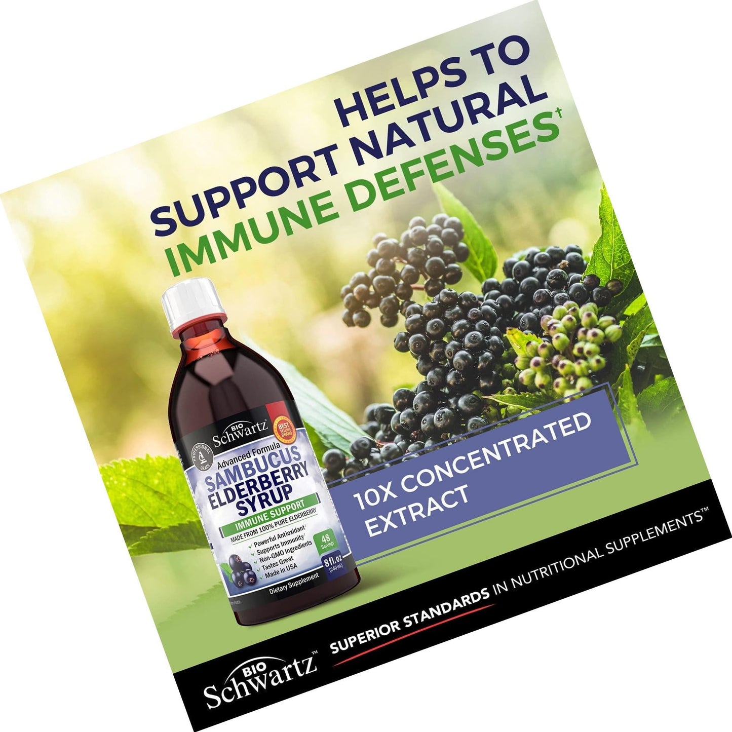 Sambucus Black Elderberry Syrup - Powerful Antioxidant for Daily Immune Support - 100% Pure Advanced Formula - Non-GMO and Vegan - Great Tasting - for Kids and Adults - 8 Ounce Bottle