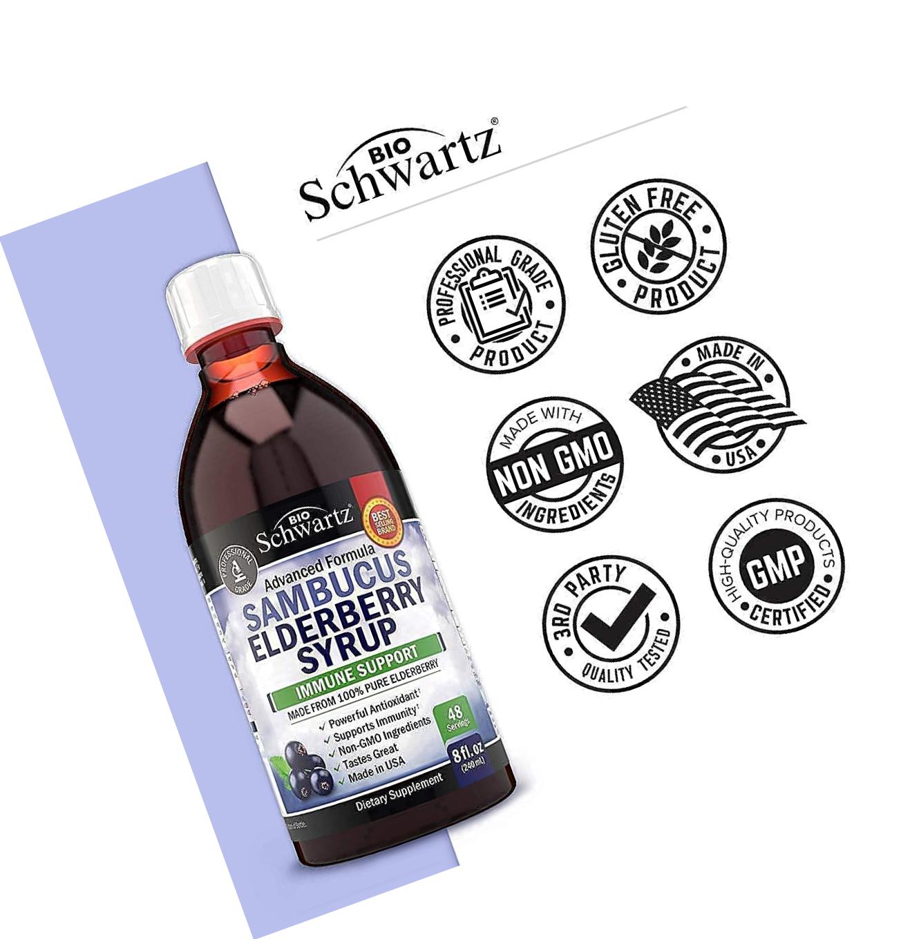 Sambucus Black Elderberry Syrup - Powerful Antioxidant for Daily Immune Support - 100% Pure Advanced Formula - Non-GMO and Vegan - Great Tasting - for Kids and Adults - 8 Ounce Bottle