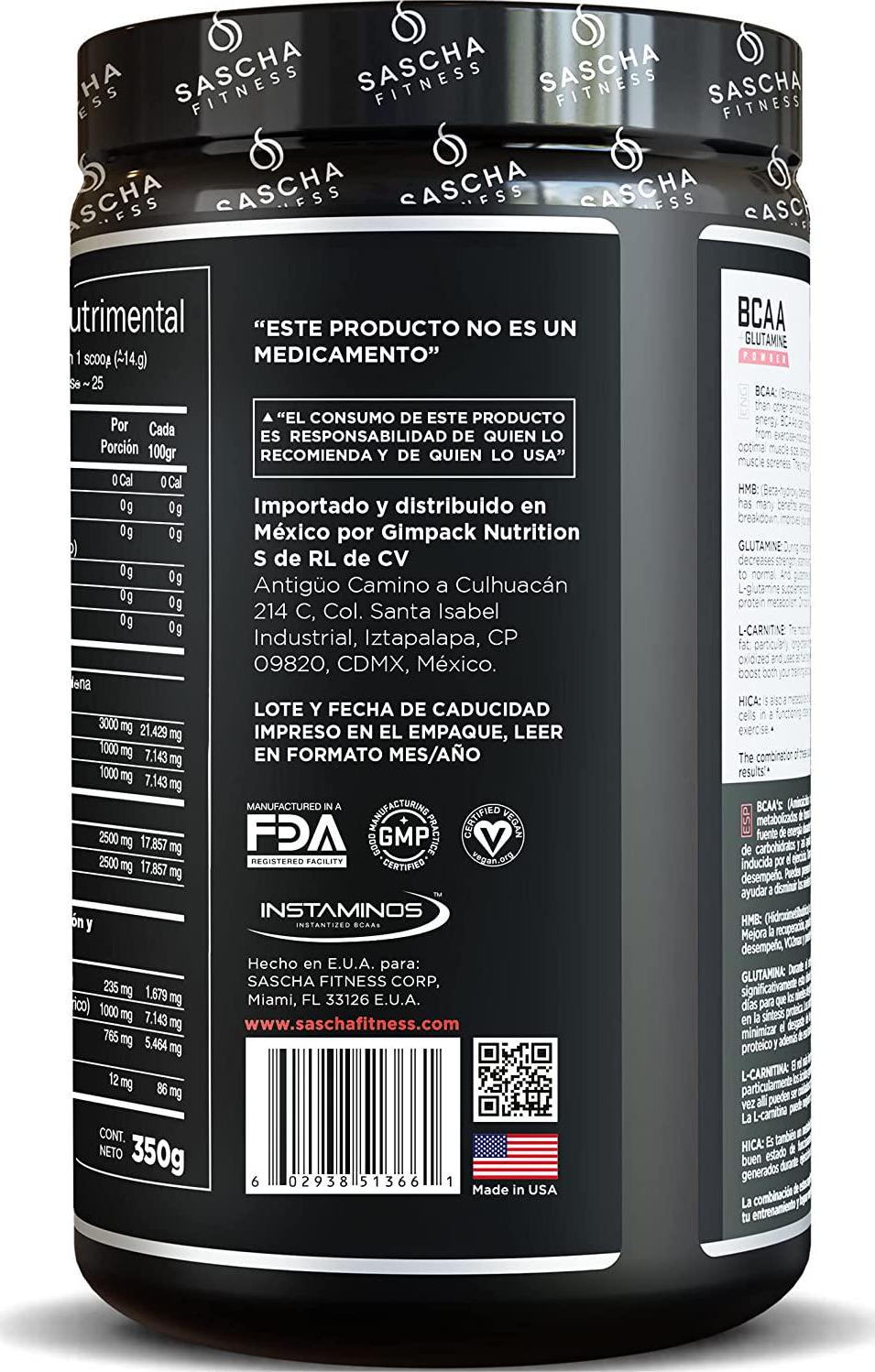 Sascha Fitness BCAA 4:1:1 + Glutamine,HMB,L-Carnitine,HICA | Powerful and Instant Powder Blend with Branched Chain Amino Acids (BCAAs) for Pre,Intra and Post-Workout | Natural Watermelon Flavor,350g