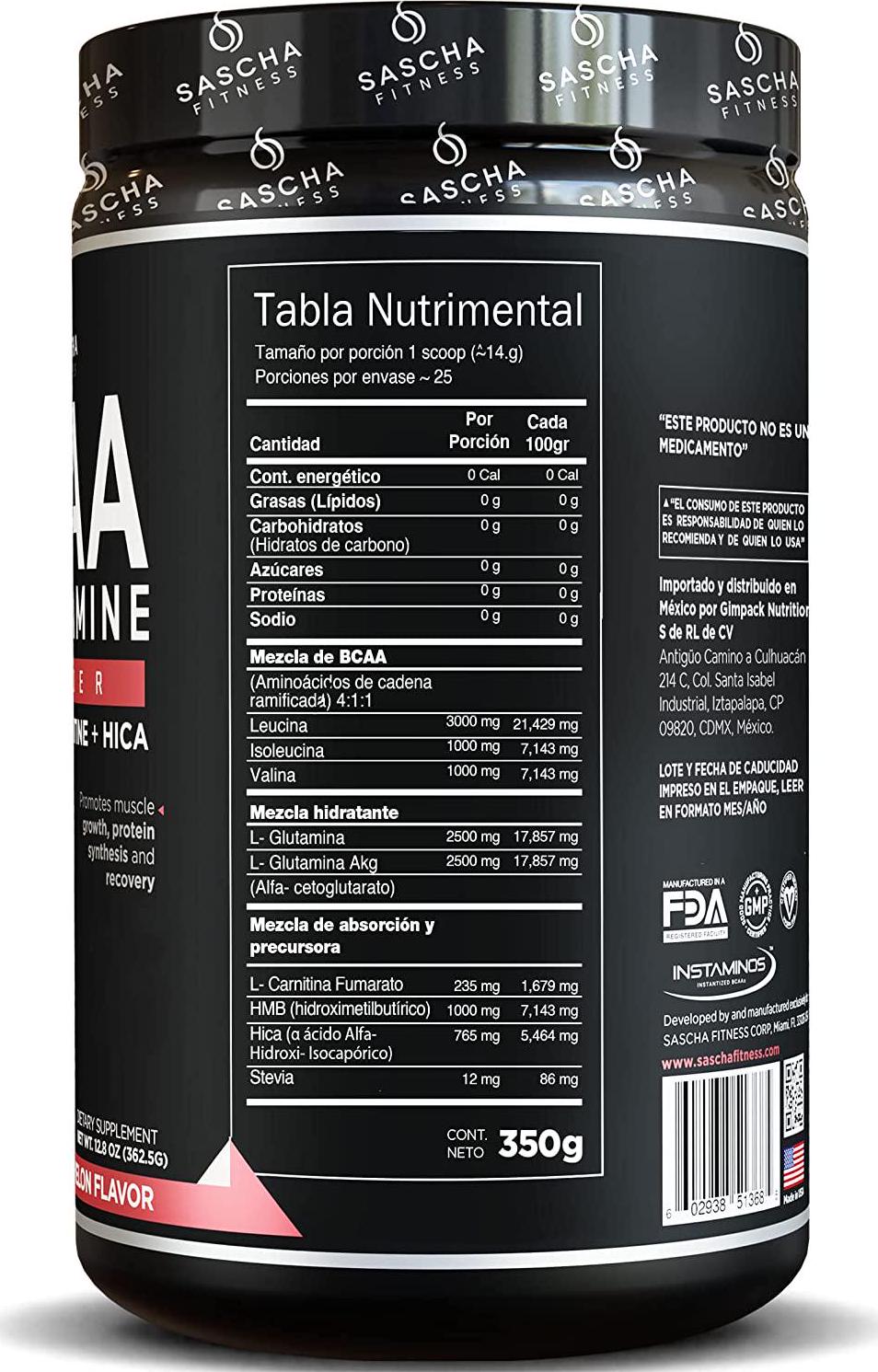 Sascha Fitness BCAA 4:1:1 + Glutamine,HMB,L-Carnitine,HICA | Powerful and Instant Powder Blend with Branched Chain Amino Acids (BCAAs) for Pre,Intra and Post-Workout | Natural Watermelon Flavor,350g