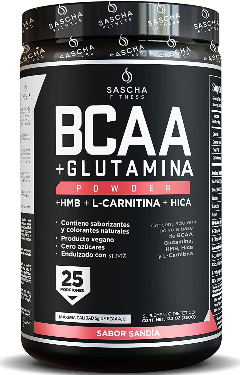 Sascha Fitness BCAA 4:1:1 + Glutamine,HMB,L-Carnitine,HICA | Powerful and Instant Powder Blend with Branched Chain Amino Acids (BCAAs) for Pre,Intra and Post-Workout | Natural Watermelon Flavor,350g