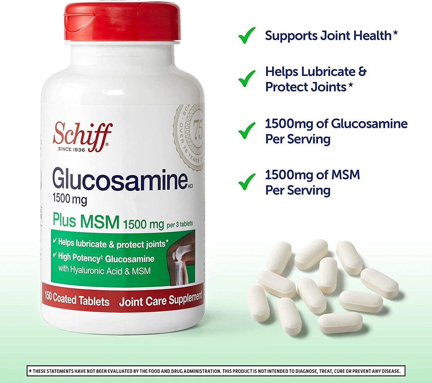 Schiff Glucosamine 1500mg Plus MSM and Hyaluronic Acid, 150 Tablets - Joint Supplement (Pack of 5)