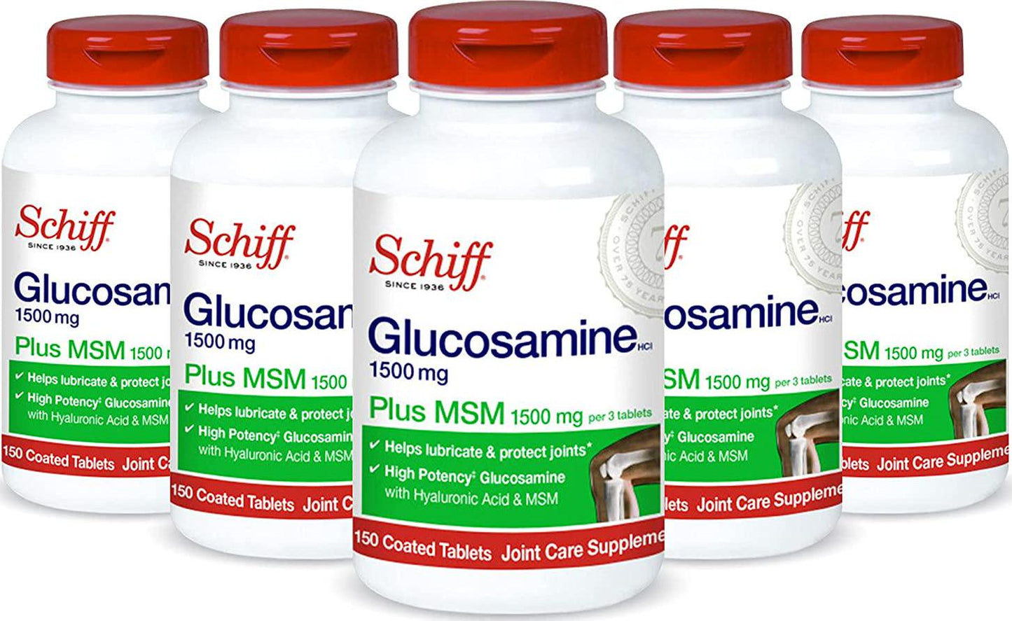 Schiff Glucosamine 1500mg Plus MSM and Hyaluronic Acid, 150 Tablets - Joint Supplement (Pack of 5)