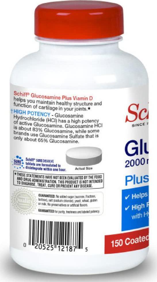 Schiff Glucosamine 2000mg with Vitamin D3 and Hyaluronic Acid, 150 tablets - Joint Supplement
