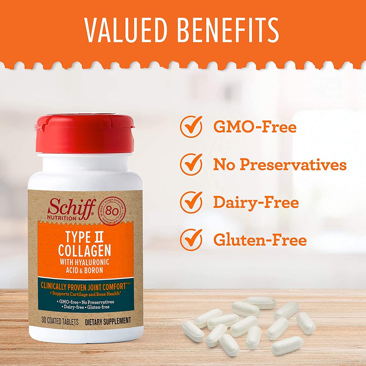 Schiff Type Ii Collagen, Hyaluronic Acid and Boron Tablets, (30Count In A Bottle), Clinically Proven, 30Count