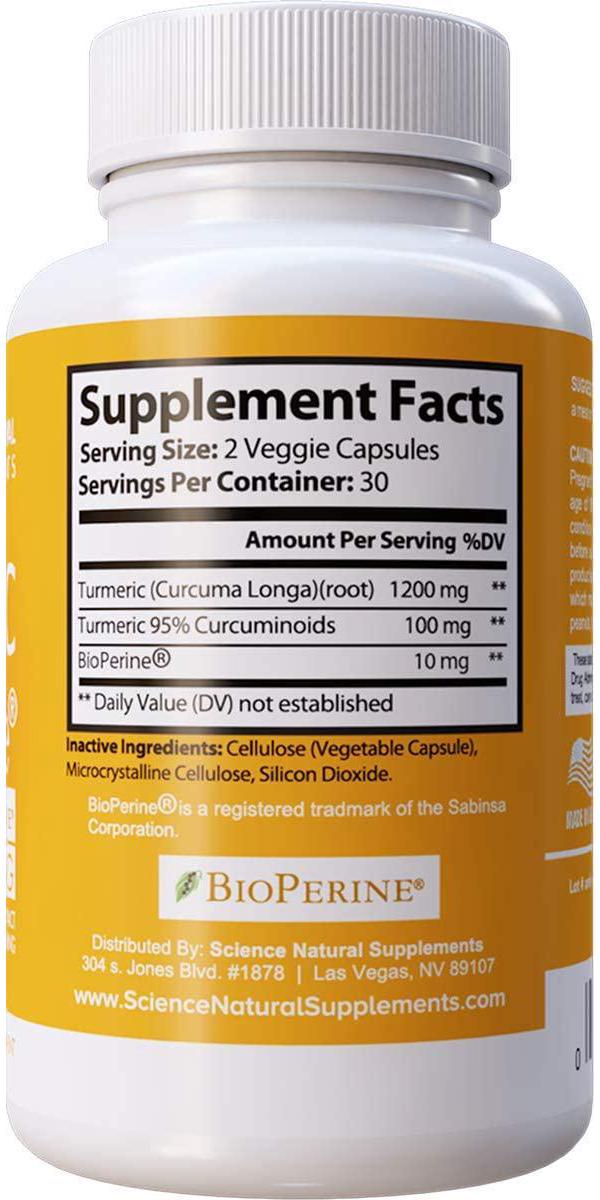 Science Natural Supplements: Turmeric Capsules with Curcumin and Bioperine Black Pepper Extract - 60 Veggie Caps - Anti Inflammatory for Joint Health with 95% Curcuminoids - Max Absorption Formula