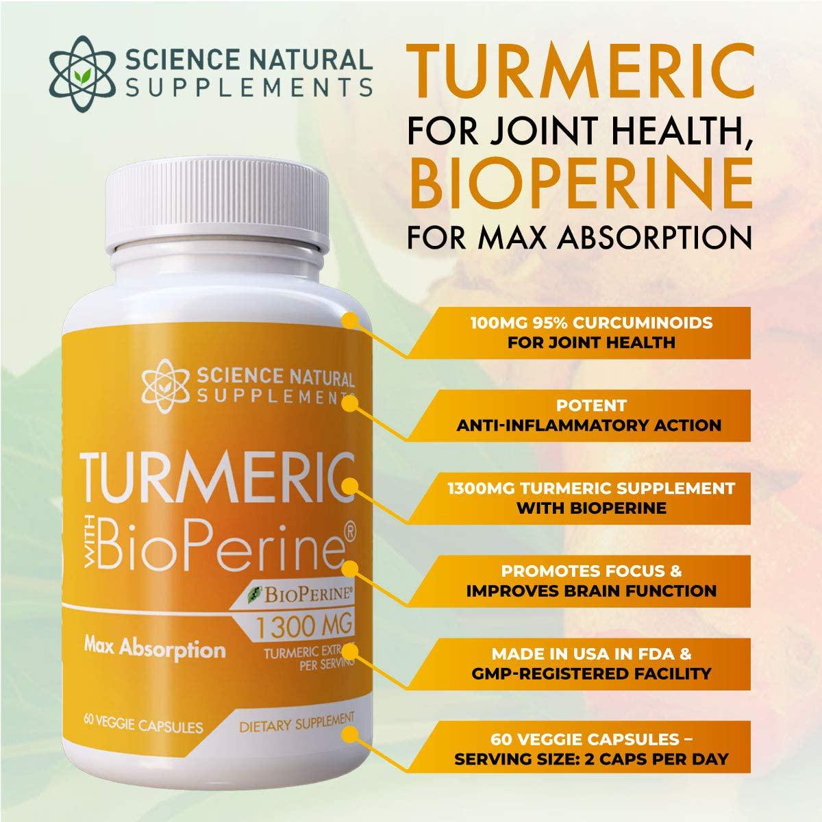Science Natural Supplements: Turmeric Capsules with Curcumin and Bioperine Black Pepper Extract - 60 Veggie Caps - Anti Inflammatory for Joint Health with 95% Curcuminoids - Max Absorption Formula