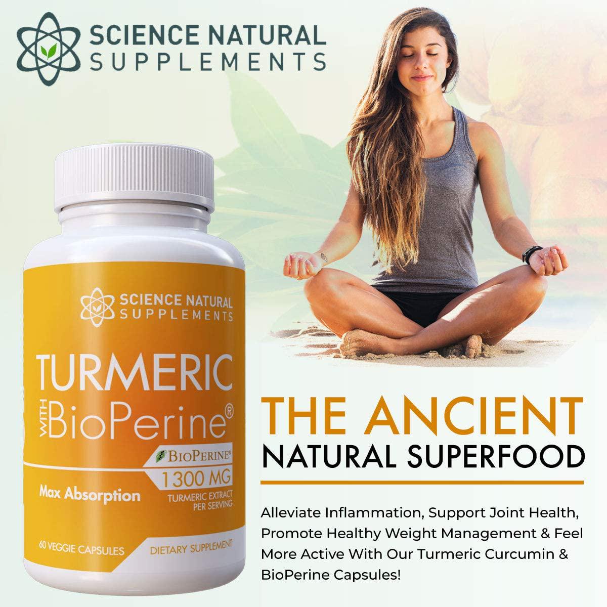 Science Natural Supplements: Turmeric Capsules with Curcumin and Bioperine Black Pepper Extract - 60 Veggie Caps - Anti Inflammatory for Joint Health with 95% Curcuminoids - Max Absorption Formula