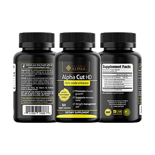 Science of Alpha - Alpha Cut HD L-Arginine Pre-Workout Supplement - Nitric Oxide Booster for Muscle Growth, Vascularity and Energy - Essential Amino Acids to Support Physical Endurance - 60 Capsules