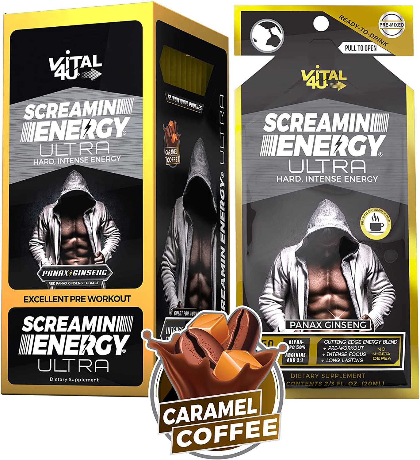 Screamin Energy Ultra, Pre-Workout Energy Shot with Caffeine, L-Arginine AKG, Alpha GPC, and Ginseng, French Roast Caramel Coffee Flavor, 24 Count