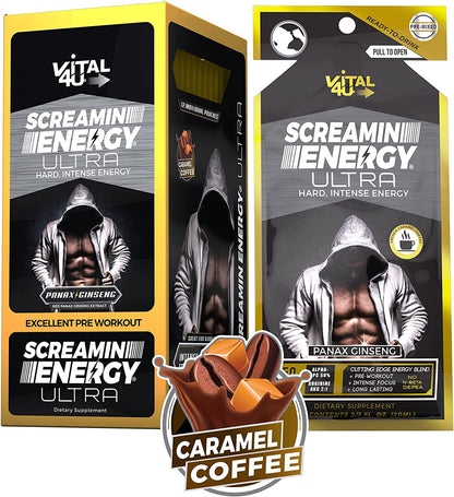 Screamin Energy Ultra, Pre-Workout Energy Shot with Caffeine, L-Arginine AKG, Alpha GPC, and Ginseng, French Roast Caramel Coffee Flavor, 24 Count