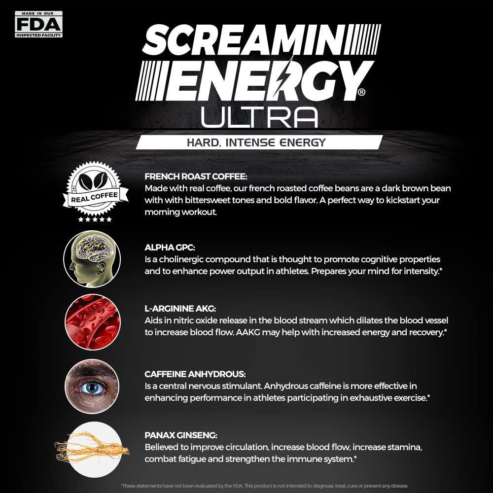 Screamin Energy Ultra, Pre-Workout Energy Shot with Caffeine, L-Arginine AKG, Alpha GPC, and Ginseng, French Roast Caramel Coffee Flavor, 24 Count